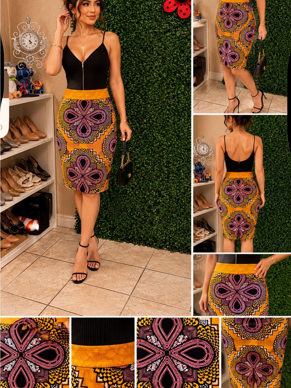 Maeve Yellow & Black African Print Pencil Skirt # 212